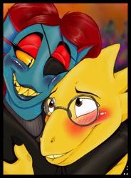 Size: 943x1280 | Tagged: safe, artist:blondevelvet, alphys (undertale), undyne (undertale), dinosaur, fictional species, fish, monster, anthro, undertale, black eyes, blushing, brown eyes, colored sclera, duo, duo female, eyepatch, female, females only, glasses, hug, round glasses, sharp teeth, shipping, teal body, teeth, yellow body, yellow sclera