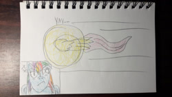 Size: 1280x720 | Tagged: safe, artist:infinitydragon900, fluttershy (mlp), rainbow dash (mlp), equine, fictional species, mammal, pegasus, pony, ambiguous form, friendship is magic, hasbro, my little pony, sega, sonic the hedgehog (series), 16:9, 2021, crossover, dialogue, duo, duo female, female, females only, irl, mare, motion lines, photo, photographed artwork, simple background, spin dash, tail, talking, traditional art, white background, wings