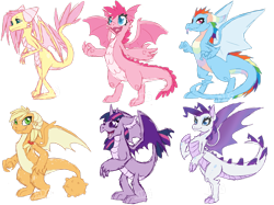 Size: 2835x2116 | Tagged: safe, artist:mondlichtkatze, applejack (mlp), fluttershy (mlp), pinkie pie (mlp), rainbow dash (mlp), rarity (mlp), twilight sparkle (mlp), dragon, fictional species, western dragon, friendship is magic, hasbro, my little pony, dragoness, dragonified, female, females only, high res, mane six (mlp), simple background, species swap, transparent background, webbed wings, wings