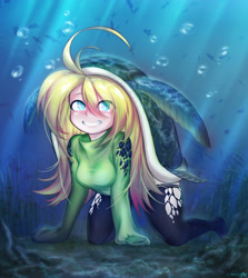 Size: 2676x3000 | Tagged: safe, alternate version, artist:mayhem, animal humanoid, fictional species, mammal, reptile, sea turtle, turtle, humanoid, 2017, bubbles, female, high res, solo, solo female, underwater, water