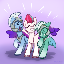 Size: 2048x2048 | Tagged: safe, artist:pfeffaroo, royal guard (mlp), thunder (mlp g5), zipp storm (mlp), zoom zephyrwing (mlp), equine, fictional species, mammal, pegasus, pony, friendship is magic, hasbro, my little pony, my little pony g5, spoiler, spoiler:my little pony g5, colored wings, cute, eyebrow through hair, eyebrows, eyes closed, female, gradient background, grin, group, guard, hair, high res, hooves, laughing, male, mare, multicolored wings, open mouth, open smile, raised hoof, smiling, spread wings, stallion, trio, unshorn fetlocks, wings
