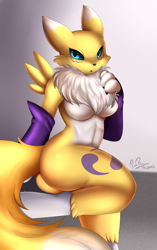 Size: 2591x4133 | Tagged: safe, artist:pridark, fictional species, renamon, anthro, digimon, 2017, armwear, black nose, black sclera, blue eyes, body markings, breasts, butt, chest fluff, claws, colored sclera, ear fluff, facial markings, featureless breasts, female, fluff, fur, high res, open mouth, solo, solo female, tail, tail fluff, tongue, two toned body, white body, white fur, yellow body, yellow fur