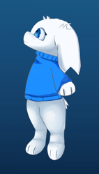Size: 587x1035 | Tagged: safe, artist:nocturneflare, sue sakamoto (cave story), fictional species, mammal, mimiga, anthro, cave story, blue background, blue eyes, clothes, female, floppy ears, scar, simple background, solo, solo female, sweater, tail, topwear