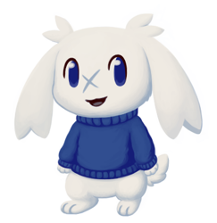 Size: 387x398 | Tagged: safe, artist:lu-nya, sue sakamoto (cave story), fictional species, mammal, mimiga, semi-anthro, cave story, blue eyes, bottomless, clothes, floppy ears, looking at you, low res, nudity, open mouth, partial nudity, scar, simple background, smiling, sweater, tail, topwear, white background