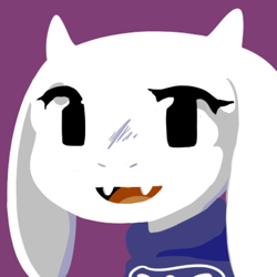 Size: 400x400 | Tagged: dead source, safe, artist:samael, sue sakamoto (cave story), toriel (undertale), bovid, fictional species, goat, mammal, monster, anthro, cave story, undertale, 2013, bust, clothes, crossover, fangs, female, horns, looking at you, low res, open mouth, portrait, purple background, robe, scar, sharp teeth, simple background, smiling, solo, solo female, teeth