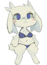 Size: 658x919 | Tagged: safe, artist:star-rod, sue sakamoto (cave story), fictional species, mammal, mimiga, anthro, cave story, :<, belly button, bikini, bikini bottom, bikini top, blue eyes, blushing, breasts, cleavage, clothes, female, floppy ears, frowning, scar, simple background, solo, solo female, swimsuit, tail, white background
