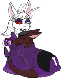 Size: 427x539 | Tagged: safe, artist:wt, oc, oc only, fictional species, yinglet, the out-of-placers, blanket, coffee mug, female, heterochromia, low res, male, simple background, transparent background