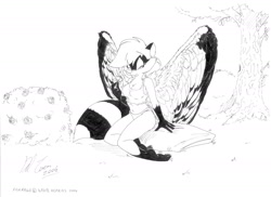 Size: 1755x1275 | Tagged: safe, artist:gian andrea del turco, oc, oc only, oc:farrago (david hopkins), mammal, procyonid, raccoon, anthro, big breasts, breasts, brush, cleavage, female, flower, pillow, sexy, solo, solo female, wings
