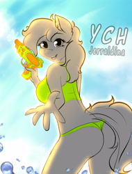 Size: 2800x3680 | Tagged: suggestive, artist:jerraldina, equine, human, mammal, pony, anthro, clothes, female, high res, playing, summer, sunshine, swimsuit, water gun, ych