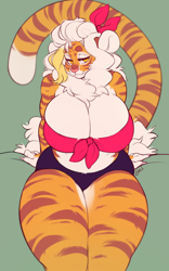 Size: 528x848 | Tagged: safe, artist:buxbiarts, oc, oc only, oc:buxbi, big cat, feline, mammal, tiger, anthro, bottomwear, breasts, cleavage, clothes, female, fluff, huge breasts, neck fluff, short shorts, shorts, solo, solo female, tail, thick thighs, thighs, top