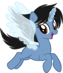 Size: 887x1025 | Tagged: safe, artist:muhammad yunus, oc, oc only, oc:siti shafiyyah (sofie), equine, fictional species, mammal, pony, unicorn, feral, friendship is magic, hasbro, my little pony, 2021, black hair, black mane, black tail, blue body, blue fur, eyelashes, female, flying, fur, glowing, glowing horn, hair, happy, horn, indonesia, looking at you, magic wings, mane, open mouth, open smile, simple background, smiling, smiling at you, solo, solo female, tail, transparent background, wings