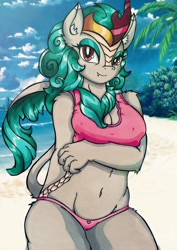 Size: 1454x2048 | Tagged: safe, artist:canvymamamoo, rain shine (mlp), equine, fictional species, kirin, mammal, anthro, friendship is magic, hasbro, my little pony, 2020, anthrofied, beach, belly button, bikini, breasts, cleavage, clothes, cloud, digital art, eyelashes, female, fluff, fur, gray body, gray fur, green hair, green mane, hair, holding breast, horn, leonine tail, looking at you, mane, midriff, palm tree, sand, scales, shoulder fluff, sky, smiling, solo, solo female, swimsuit, tail, thighs, traditional art, tree, underwear, wide hips