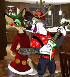 Size: 2333x2570 | Tagged: safe, artist:bluedragon0812, oc, oc:elaine (bluedragon0812), oc:lorenzo (bluedragon0812), canine, cervid, deer, mammal, wolf, anthro, christmas, christmas ornament, christmas outfit, cookie, duo, electric guitar, female, food, guitar, high res, holiday, male, musical instrument