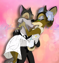 Size: 2366x2535 | Tagged: safe, artist:bluedragon0812, oc, oc:elaine (bluedragon0812), oc:lorenzo (bluedragon0812), canine, cervid, deer, mammal, wolf, anthro, bridal carry, carrying, clothes, couple, dress, duo, female, high res, interspecies, kissing, male, male/female, married couple, romantic, romantic couple, wedding dress, wedding ring, wedding rings