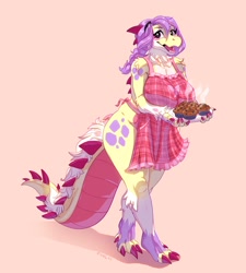 Size: 1260x1400 | Tagged: safe, artist:fivel, crocodile, crocodilian, reptile, anthro, apron, big breasts, breasts, clothes, female, muffin, naked apron, nudity, partial nudity, solo, solo female, tail