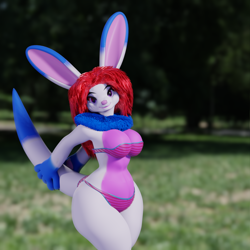 Size: 1280x1280 | Tagged: safe, artist:jesterkatz, furbooru exclusive, oc, oc only, oc:april (jesterkatz), kangaroo, lagomorph, mammal, marsupial, rabbit, anthro, 2021, 3d, blender, blender eevee, blurred background, breasts, chimera-roo, clothes, cute, female, fluff, hair, lingerie, macropod, neck fluff, pinup, red hair, smiling, solo, solo female, tail, thick thighs, thighs, underwear, wide hips