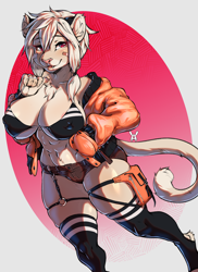 Size: 1500x2060 | Tagged: suggestive, alternate version, artist:avante92, oc, oc only, oc:frankie (extremedash), big cat, feline, mammal, anthro, 2020, abs, adorasexy, bandage, big breasts, blushing, bottomwear, bra, breasts, cleavage fluff, clothes, commission, cream body, cream fur, cute, cute little fangs, ear fluff, eyebrows, eyelashes, fangs, female, fluff, fur, hair, hair accessory, hand in pocket, jacket, jean shorts, legwear, looking at you, multicolored fur, muscles, muscular female, nipple outline, open mouth, open smile, pantherine, paws, pink nose, red eyes, sexy, shorts, smiling, smiling at you, tail, tail fluff, teeth, thick thighs, thigh highs, thighs, topwear, underwear, white hair