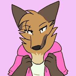 Size: 617x611 | Tagged: safe, artist:theroguez, oc, oc:rayj (theroguez), canine, coydog, coyote, dog, hybrid, mammal, anthro, 2d, 2d animation, animated, female, frame by frame, gif, pink background, simple background, solo, solo female