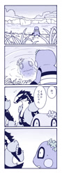 Size: 471x1329 | Tagged: safe, artist:魔神ぐり子, croagunk, fictional species, mammal, obstagoon, feral, comic:かわいくなりたくて, nintendo, pokémon, 2021, ambiguous gender, comic, duo, duo ambiguous, japanese text, talking