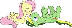Size: 1280x496 | Tagged: safe, artist:didgereethebrony, artist:rerorir, fluttershy (mlp), canon x oc, oc, oc:didgeree, feral, friendship is magic, hasbro, my little pony, trace, base used, duo, female, flutterdidge (mlp/oc), kissing, male, on model, shipping, simple background, transparent background