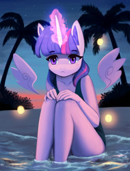 Size: 1400x1842 | Tagged: safe, artist:mrscroup, twilight sparkle (mlp), alicorn, equine, fictional species, mammal, pony, anthro, friendship is magic, hasbro, my little pony, anthrofied, clothes, evening, eyebrows, eyelashes, feet in water, female, floating wings, fur, glowing, glowing horn, hair, horn, looking at you, multicolored hair, ocean, one-piece swimsuit, outdoors, palm tree, purple body, purple eyes, purple fur, school swimsuit, sitting, solo, solo female, sukumizu, sunset, swimsuit, tree, water, wings