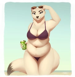 Size: 1364x1400 | Tagged: character needed, safe, artist:tenynnart, mammal, mustelid, stoat, weasel, anthro, big belly, bikini, clothes, drink, female, glasses, round glasses, slightly chubby, solo, solo female, sunglasses, swimsuit, tail