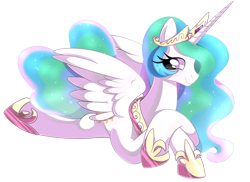 Size: 1934x1410 | Tagged: safe, artist:beanbunn, artist:purineko, princess celestia (mlp), alicorn, equine, fictional species, mammal, pony, feral, friendship is magic, hasbro, my little pony, 2d, crossed hooves, crown, cute, female, hoof shoes, hooves, jewelry, lying down, mare, prone, regalia, solo, solo female, sparkly hair, sparkly mane, sparkly tail, spread wings, ungulate, wings