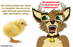 Size: 1240x800 | Tagged: artist needed, source needed, safe, oc, oc only, oc:tirrel, bird, cervid, chicken, deer, galliform, mammal, baby chicken, bell, chick, crying, existential crisis, tears, teeth, text, whiskers