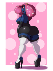 Size: 1920x2560 | Tagged: suggestive, artist:suirano, fictional species, vileplume, anthro, nintendo, pokémon, 2020, big butt, breasts, butt, clothes, commission, digital art, eyelashes, female, gloves, hair, high heels, legwear, long gloves, looking at you, looking back, looking back at you, one eye closed, pose, rear view, shoes, sideboob, simple background, solo, solo female, stockings, thighs, thunder thighs, wide hips