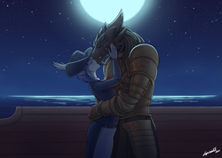 Size: 2941x2097 | Tagged: safe, artist:lyorenth-the-dragon, oc, oc only, dragonborn, fictional species, reptile, anthro, humanoid, dungeons & dragons, armor, blood, clothes, duo, eyes closed, female, hat, high res, kissing, male, male/female, moon, moonlight, scar