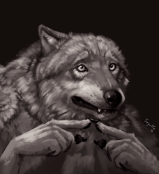 Size: 2280x2504 | Tagged: safe, artist:sepulte, oc, oc only, oc:pubby (sepulte), canine, mammal, wolf, anthro, 2021, claws, digital art, digital painting, grayscale, high res, male, monochrome, realistic, signature, solo, solo male, teeth, whiskers