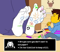 Size: 2048x1771 | Tagged: safe, artist:theurgewithin, frisk (undertale), toriel (undertale), bovid, fictional species, goat, human, mammal, monster, anthro, undertale, barefoot, drawing, duo, feet, female, foot focus, male, soles, toes