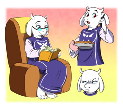 Size: 1000x900 | Tagged: safe, artist:pokelai, toriel (undertale), bovid, fictional species, goat, mammal, monster, anthro, undertale, barefoot, book, feet, female, food, glasses, horns, mature, mature female, phone, phone call, pie, round glasses, solo, solo female, toes