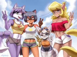 Size: 1700x1274 | Tagged: safe, artist:johnjoseco, callie brigs (swat kats), krystal (star fox), michiru kagemori (bna), rivet (r&c), canine, fictional species, fox, lombax, mammal, raccoon dog, anthro, bna: brand new animal, hanna-barbera, nintendo, ratchet & clank, star fox, swat kats, 2021, black nose, blonde hair, blue body, blue eyes, blue fur, blue hair, bottomwear, breasts, chest fluff, clothes, crossover, cyan eyes, ear fluff, eyebrows, eyelashes, fangs, female, females only, fluff, fur, gesture, glasses, goggles, goggles on head, group, hair, hand on head, looking at you, multicolored eyes, multicolored fur, one eye closed, open mouth, open smile, pink nose, sharp teeth, shirt, shorts, smiling, smiling at you, tail, tail fluff, tank top, teeth, thighs, tongue, tongue out, topwear, two toned body, two toned eyes, two toned fur, v sign, vixen, white body, white fur