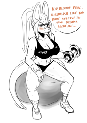 Size: 707x1000 | Tagged: safe, artist:valtik, oc, oc only, oc:roo (valtik), kangaroo, mammal, marsupial, anthro, athletic, ball, belly button, bipedal, blushing, bra, breasts, cleavage, clothes, dialogue, dumbbells, exercise, exercise ball, female, footwear, hair, legwear, macropod, midriff, muscles, muscular female, ponytail, shoes, sitting, socks, solo, solo female, sports bra, sweat, talking, text, topwear, tsundere, underwear, weight lifting, weights, workout