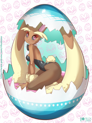 Size: 768x1025 | Tagged: safe, artist:rilexlenov, fictional species, lopunny, mammal, anthro, nintendo, pokémon, all fours, arched back, arm fluff, big ears, black sclera, blue background, blushing, body markings, bow, bow tie, breasts, brown body, brown fur, bunny suit, bust, butt, clothes, colored sclera, curvy figure, dipstick ears, ear fluff, ear markings, ears, easter egg, egg, eyebrows, eyelashes, facial markings, female, fingers, fishnet, fishnet stockings, floppy ears, fluff, fur, fur markings, glistening, glistening clothing, glistening eyes, gradient background, head marking, hourglass figure, huge ears, humanoid hands, icon, kneeling, legwear, long ears, looking aside, looking at you, makeup, mascara, multicolored body, multicolored ears, multicolored fur, pattern background, pink ears, pink eyes, pink nose, pinup, pokémorph, portrait, pose, pupils, see-through, shadow, short tail, side view, sideboob, simple background, skimpy, slim, small waist, smiling, solo, solo female, spots, stockings, tail, tail fluff, tan body, tan fur, text, thick eyebrows, thick thighs, thighs, two toned body, two toned fur, wall of tags, watermark, white background, wide hips, wrist fluff