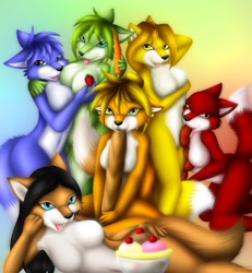 Size: 1185x1280 | Tagged: suggestive, artist:whitmaverick, oc, oc only, canine, fox, mammal, anthro, 2009, baguette, banana, banana split, belly button, berry, black nose, breasts, carrot, digital art, ears, eyelashes, featureless breasts, featureless crotch, female, females only, food, fruit, fur, group, hair, ice cream, looking at you, lying down, meat, nudity, open mouth, pose, sausage, strawberry, suggestive eating, tail, tongue, tongue out, vegetables, vixen, wide hips