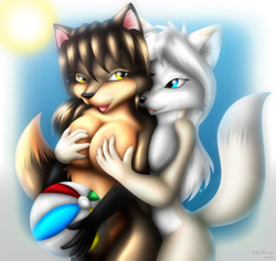 Size: 1224x1158 | Tagged: suggestive, artist:whitmaverick, oc, oc only, oc x oc, canine, fox, mammal, anthro, 2008, ball, beach, beach ball, belly button, black nose, breast grab, breasts, covering crotch, digital art, duo, duo female, ears, eyelashes, female, female/female, females only, from behind, fur, grope, hair, looking at each other, nude beach, nudity, open mouth, shipping, sky, sun, tail, tongue, vixen, wide hips