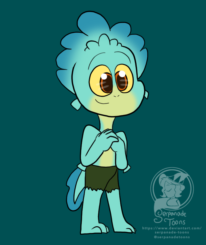 96120 - safe, artist:serpanade-toons, luca paguro (luca), fictional  species, monster, sea monster, anthro, disney, luca (pixar), pixar, 2d,  brown eyes, colored sclera, male, partial nudity, simple background,  smiling, solo, solo male, tail