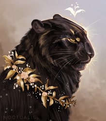 Size: 1200x1371 | Tagged: safe, artist:noctualis, big cat, black panther, feline, mammal, feral, 2021, ambiguous gender, black body, black fur, bust, cheek fluff, digital art, digital painting, flower, fluff, fur, gold, leaf, profile, side view, solo, solo ambiguous, whiskers, yellow eyes