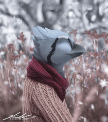 Size: 1200x1350 | Tagged: safe, artist:yacrical, bird, corvid, songbird, anthro, 2020, ambiguous gender, beak, blue feathers, clothes, eyes closed, feathers, fluff, head fluff, outdoors, scarf, side view, signature, solo, solo ambiguous, sweater, topwear, white feathers