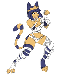 Size: 812x1000 | Tagged: safe, artist:guoh, ankha (animal crossing), cat, feline, mammal, anthro, animal crossing, nintendo, arm wraps, belly button, body wraps, breast wraps, breasts, egyptian, fangs, female, leg wraps, martial arts, sharp teeth, simple background, smiling, solo, solo female, striped tail, stripes, tail, teeth, white background, wraps
