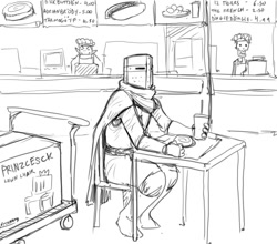 Size: 985x865 | Tagged: dead source, safe, artist:guoh, oc, oc:brave sir knight (guoh), fictional species, goblin, human, mammal, humanoid, ikea, apron, bone, boots, cape, cashier, clothes, drink, eyes closed, food, furniture, grayscale, helmet, knight, male, monochrome, pointy ears, restaurant, sharp teeth, shoes, sign, skeleton, sketch, table, teeth, text