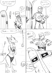 Size: 700x990 | Tagged: dead source, safe, artist:guoh, oc, oc:brave sir knight (guoh), fictional species, human, kobold, mammal, reptile, anthro, belly button, bone, chains, clothes, comic, dialogue, door, dungeon, female, grayscale, helmet, horn piercing, horns, hug, knight, loincloth, male, monochrome, open mouth, piercing, princess, sharp teeth, size difference, skull, smiling, speech bubble, sword, talking, teeth, toe claws, topwear, torch, vulgar, weapon