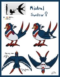 Size: 2083x2695 | Tagged: safe, artist:gyrotech, oc, oc:mistral (gyro), bird, fictional species, songbird, swellow, feral, nintendo, pokémon, bird feet, blue body, feathered wings, feathers, female, high res, red body, reference sheet, tail, white body, wings, yellow eyes