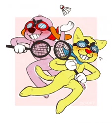 Size: 1164x1280 | Tagged: safe, artist:dichord, baxter (rhythm heaven), forthington (rhythm heaven), canine, cat, dog, feline, mammal, anthro, nintendo, rhythm heaven, badminton, blushing, duo, duo male, goggles, holding object, male, males only, racket, smiling, tail