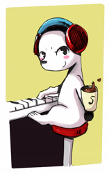 Size: 1725x2751 | Tagged: safe, artist:goneking, barista (rhythm heaven), canine, dog, mammal, feral, nintendo, rhythm heaven, chair, coffee, coffee mug, drink, headphones, holding object, looking at you, male, musical instrument, piano, sitting, solo, solo male