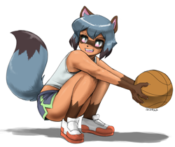 Size: 1300x1095 | Tagged: safe, artist:johnjoseco, michiru kagemori (bna), canine, mammal, raccoon dog, anthro, bna: brand new animal, 2021, ball, basketball, blue hair, blue tail, bottomwear, brown body, brown fur, clothes, dipstick tail, eyebrows, eyelashes, female, fur, gloves (arm marking), hair, holding object, mask (facial marking), multicolored eyes, multicolored hair, open mouth, shoes, short hair, shorts, simple background, socks (leg marking), solo, solo female, squatting, tail, tank top, teal eyes, topwear, two toned eyes, two toned hair, white background
