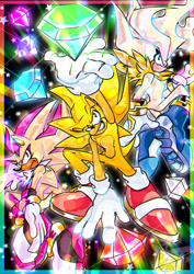 Size: 1024x1450 | Tagged: safe, artist:dizzee-toaster, shadow the hedgehog (sonic), silver the hedgehog (sonic), sonic the hedgehog (sonic), hedgehog, mammal, anthro, plantigrade anthro, sega, sonic the hedgehog (series), 2021, male, males only, quills, super shadow, super silver, super silver (sonic), super sonic, trio, trio male