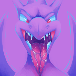 Size: 1280x1280 | Tagged: dead source, suggestive, artist:breakersunny, ambiguous species, ambiguous gender, bust, horns, mawshot, open mouth, portrait, purple background, red eyes, saliva, sharp teeth, simple background, solo, solo ambiguous, teeth, tongue, tongue out, wings